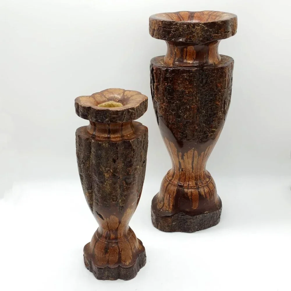 3 Vintage Chrysanthemum Wood Candle Stick Holders, Ikebana Vases, Decor